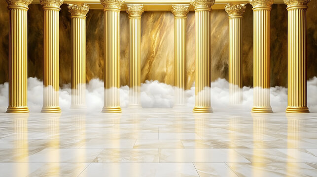 Una escena cl&aacute;sica con podio para producto con columnas doradas, cielo y nubes.. Las formas geom&eacute;tricas, como cilindros, cubos y arcos, est&aacute;n dispuestas elegantemente para la presentaci&oacute;n de productos