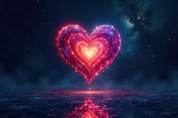 A luminous heart-shaped nebula glows brightly, its vibrant energy reflected in a dark, still pool below, a cosmic symbol of love and passion under a starlit expanse.