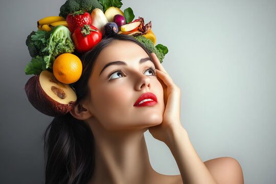 Mujer con la cabeza rodeada de verduras. Concepto alimentaci&oacute;n consciente y saludable. 