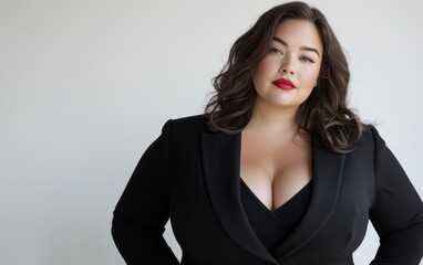 Fototapeta premium A confident full-figured woman with bold red lipstick and a stylish black blazer, standing on a clean white background