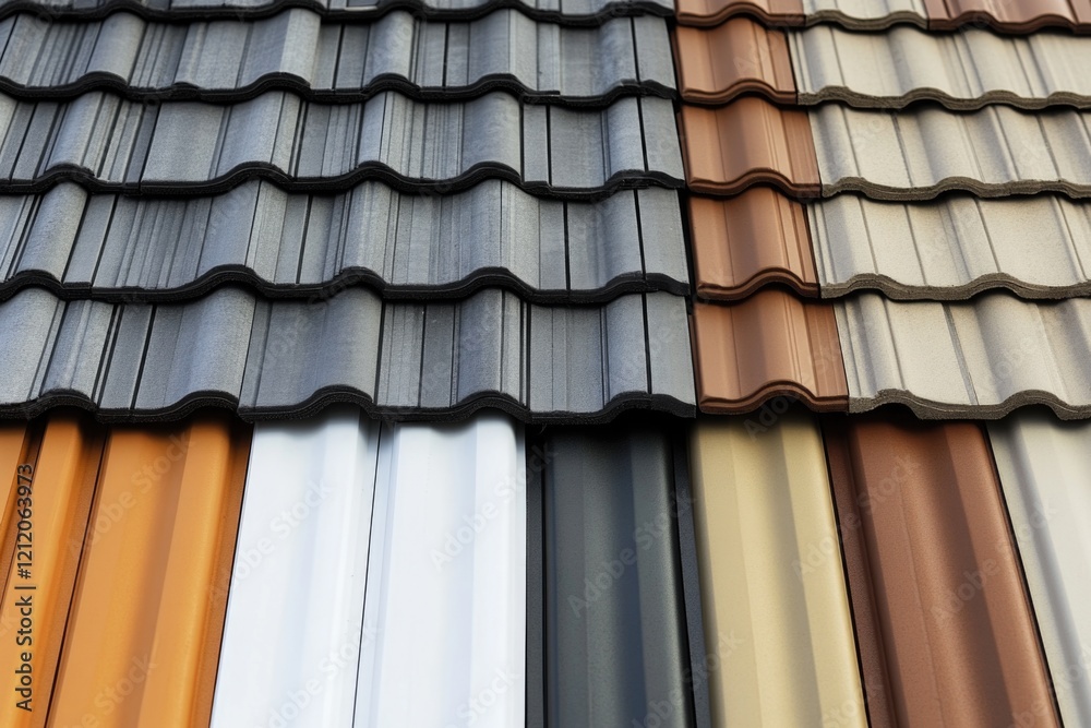 Poster a detailed view of various roof tile designs and textures, suitable for architecture or interior des