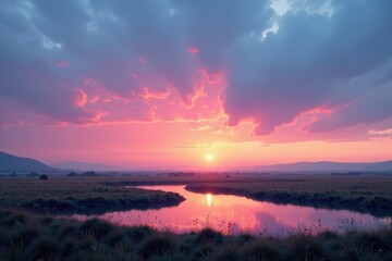 Obraz premium Serene Sunset over a Tranquil River Winding Through a Lush Meadow Landscape