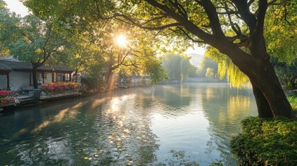 Obraz premium A serene lakeside landscape with trees lining 