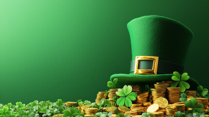 Gorro de leprechaun por día de san patricio junto a trebol de cuatro hojas cerveza y otros elementos propios de la festividad