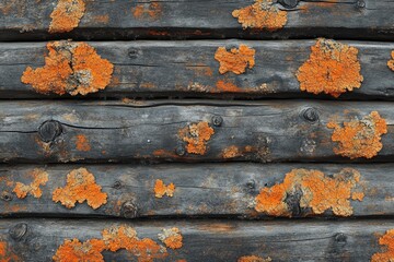 Fototapeta premium Close-up view of a wooden wall covered in orange lichens, great for nature or texture focused designs