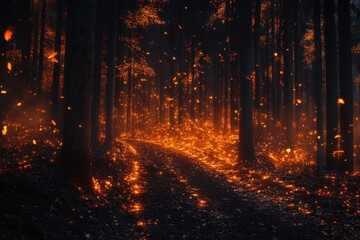 Obraz premium Glowing Embers Illuminate Forest Path At Night