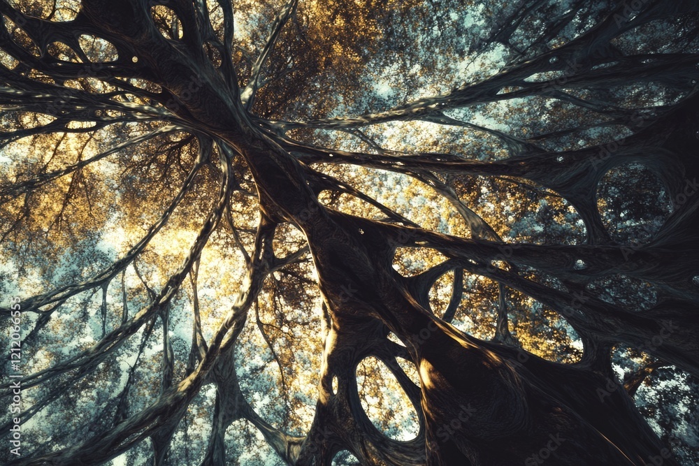 Poster a tall tree stands in a forest, gazing up at the sky with its branches and leaves reaching towards t