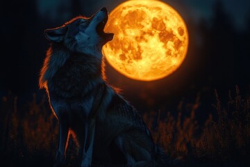 Fototapeta premium A wolf sits in front of a full moon, surrounded by darkness