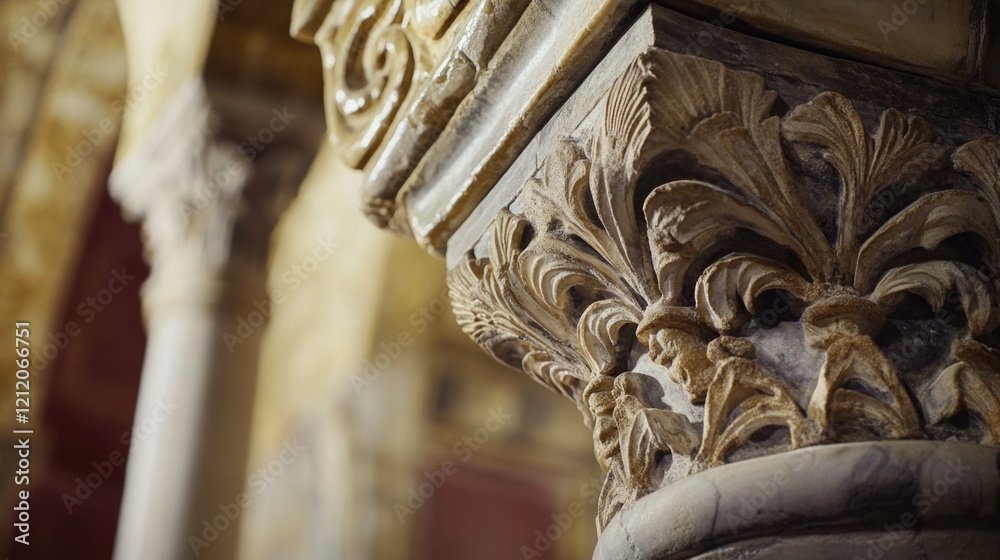 Poster close-up shot of an ornate pillar with intricate carvings, suitable for use in architectural or hist