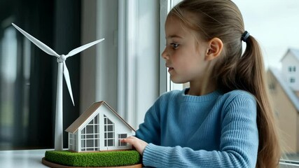 A child engages with a model of a house and wind turbine, learning about renewable energy and sustainability in a cozy indoor setting