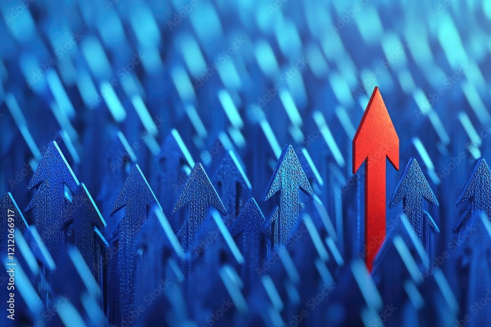 Poster A single red arrow amidst a backdrop of blue arrows in a open field