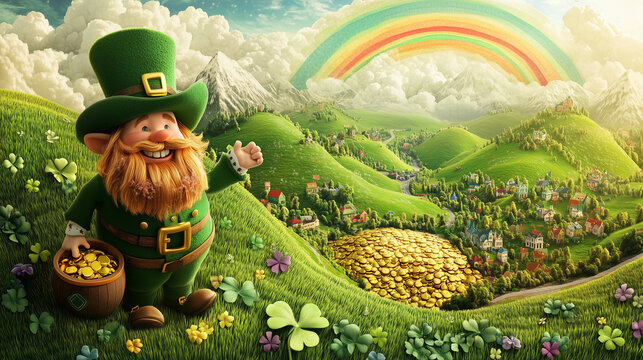 Leprechaun sobre fondo verde con trebol de cuatro hojas y otros elementos t&iacute;picos del d&iacute;a de San patricio