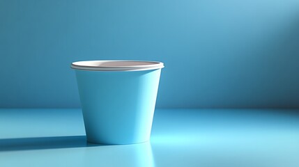 A 3D paper coffee cup with a smooth, simple design, placed against a soft baby blue background, with subtle reflections on the surface