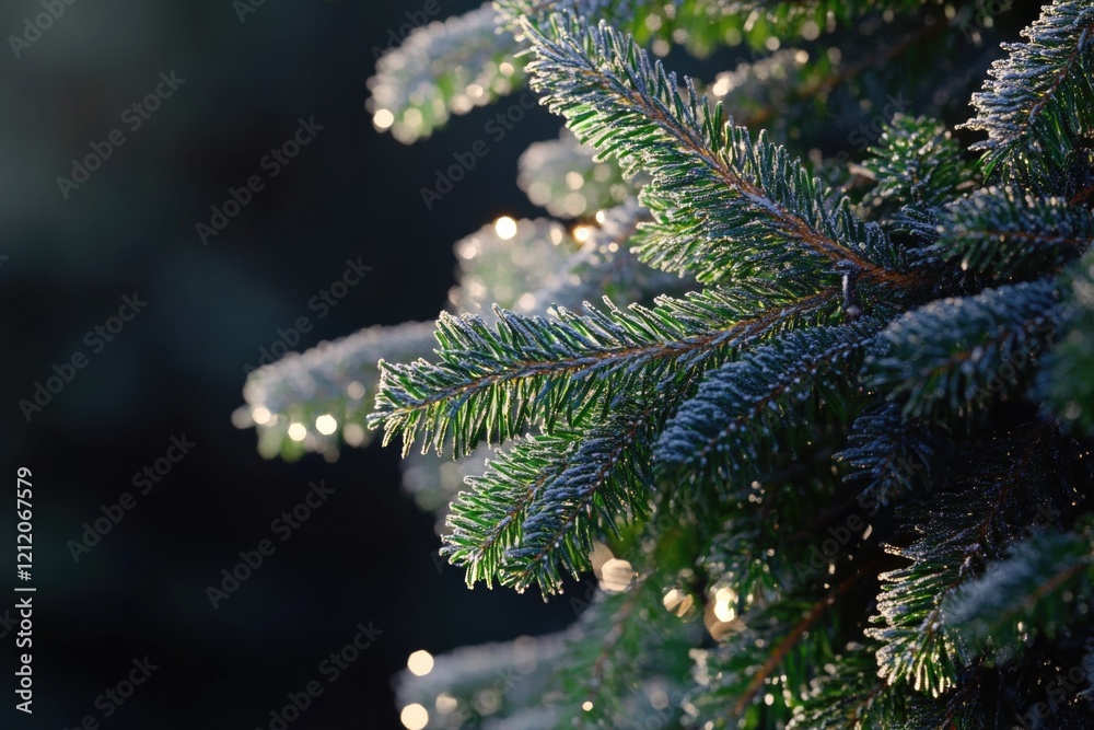 Poster a detailed view of a pine tree with thick layer of snow, perfect for winter scenes and cold climate 