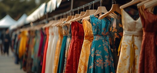 Colorful dresses hang at outdoor market.  Bohemian style