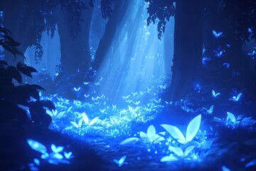 Fototapeta premium Enchanted Forest Glowing Blue Butterflies And Plants