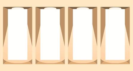 Four blank white juice or milk carton boxes in a light brown cardboard holder are displayed, showcasing product packaging for branding and advertising purposes