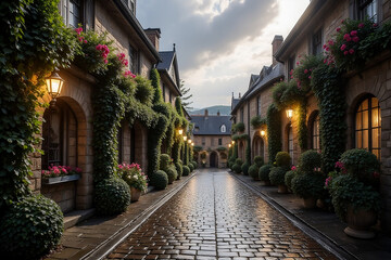Fototapeta premium Vintage Cobblestone Alley with Ivy-Covered Houses.