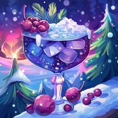 A glass of blue and purple liquid with ice cubes and red berries on top, a snowy winter landscape in the background.