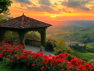 Fototapeta premium Sunset Vista Gazebo Over Rolling Hills Landscape