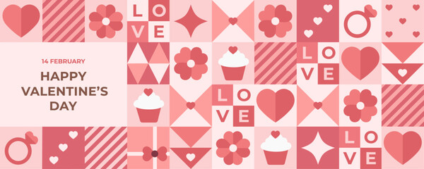 Valentine's Day-themed geometric vector seamless pattern features hearts, flowers, cupcakes, rings, and the word 