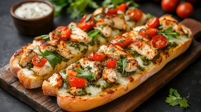 A delicious French bread pesto chicken pizza topped with fresh tomatoes and herbs, perfect for a flavorful meal