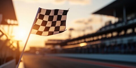 A checkered flag is being waved from a gantry above the track, with a racing track in the background