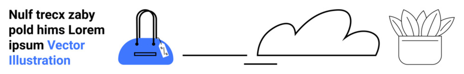 Blue handbag with a tag, simplistic cloud outline, and potted plant with minimalist leaves. Ideal for modern design concepts, web design, branding, online shopping, lifestyle blogs, fashion nature