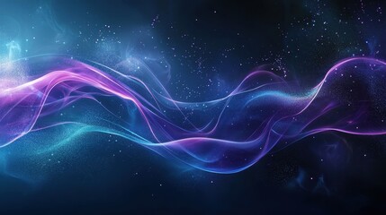 Fototapeta premium Abstract waves of vibrant purple and blue light move gracefully in a dark cosmic background, creating an enchanting visual of fluid motion and ethereal beauty.