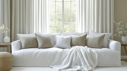 Fototapeta premium Serene Living Room with Linen Sofa and Natural Light