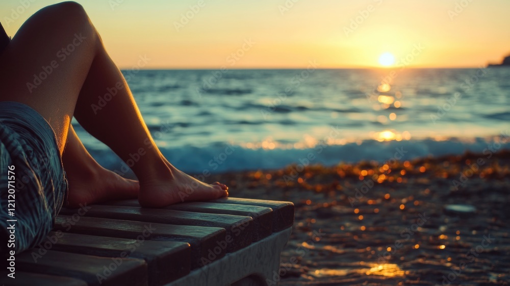 Poster a person relaxing on a beach bench with an ocean view