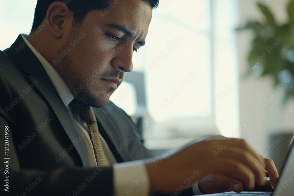 Poster a man in a suit sitting in front of a laptop, possibly working or browsing