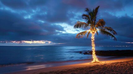 Fototapeta premium palm tree on the beach with christmas decoration