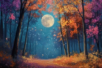 Fototapeta premium Autumnal Forest Path Underneath a Bright Moon