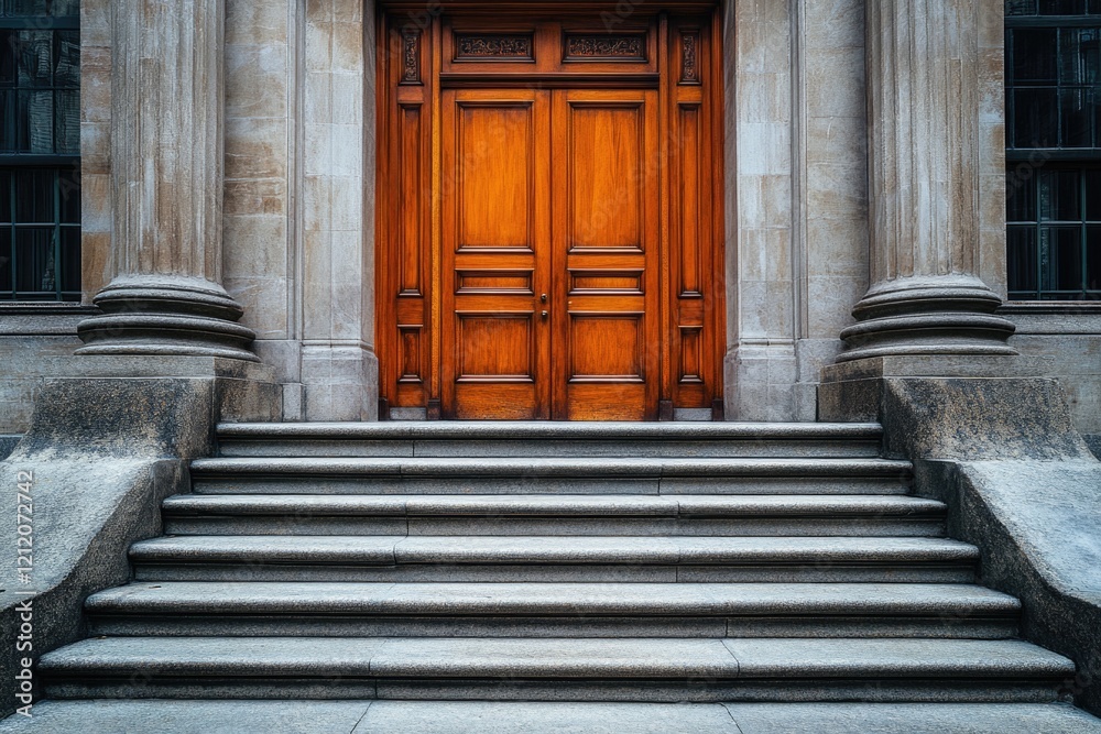 Poster a large wooden door sits on the side of a building, perfect for use in architecture or interior desi