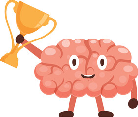 Cartoon brain character holding a golden trophy, celebrating victory and achievement