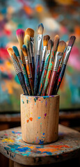 Fototapeta premium wooden cup on table hold many colorful brushes