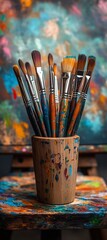 Fototapeta premium wooden cup on table hold many colorful brushes