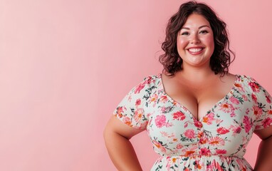 Obraz premium A joyful plus-sized woman with deep brown eyes and soft freckles, dressed in a floral summer dress, standing on a pastel pink backdrop