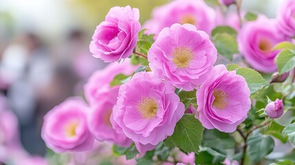 Obraz premium Vibrant pink roses bloom in a sunny garden during springtime, showcasing delicate petals and lush green leaves in a close-up shot.