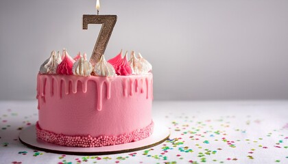 Decorated pink cake for birthday or anniversary party, candle number 7, white background