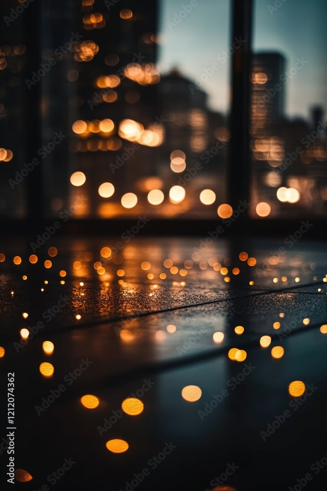 Poster a nighttime view of a city skyline from a window, suitable for use in urban-themed projects and desi