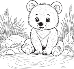 Monochrome line art bear coloring page illustration
