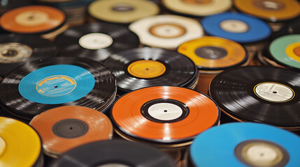  Close-up of colorful vinyl records arranged in stacks, highlighting their retro aesthetic and appeal to music enthusiasts and collectors.