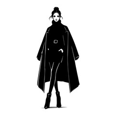 Fashionable Stroll: Minimalist Black and White Illustration, Chic Coat