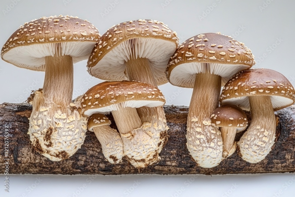 Poster a cluster of mushrooms growing on the surface of a decaying log
