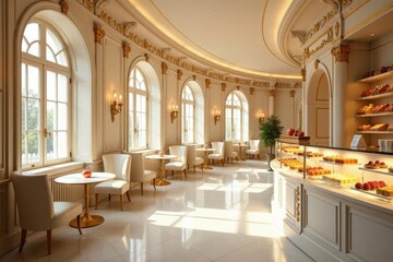 Fototapeta premium Elegant cafe interior with curved walls, large windows, ornate gold detailing, and a display of delectable pastries