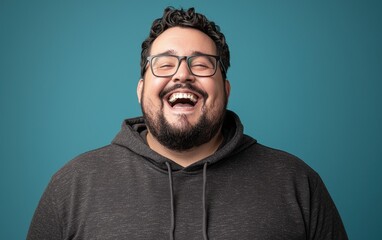 Obraz premium A happy plus-sized man with expressive laughter lines and glasses, wearing a dark gray hoodie, standing on a gradient blue backdrop