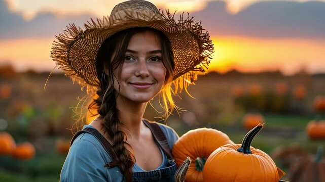 Woman smiling holding pumpkins at sunset in a rural field, conveying leisure and seasonal harvest atmosphere