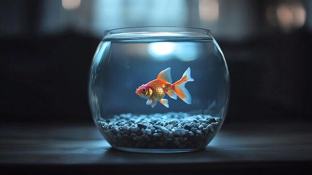 A bright orange goldfish swimming in a small glass aquarium, symbolizing outgrown habitat and providing a serene, minimalist aesthetic with a focus on clarity.